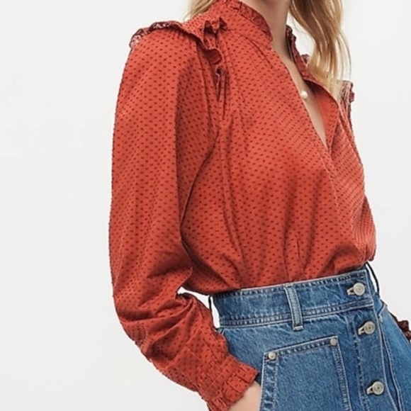 ✨NWT✨ J.CREW Ruffle Trim V Neck Popover in Clip Dot Classic Sky (Blue) Sz S - Picture 3 of 8